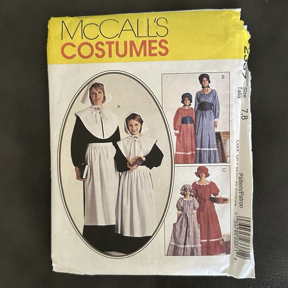 UNCUT McCalls Pattern 2337 Colonial Pilgrim Prairie Costumes Girl Sz 7,8